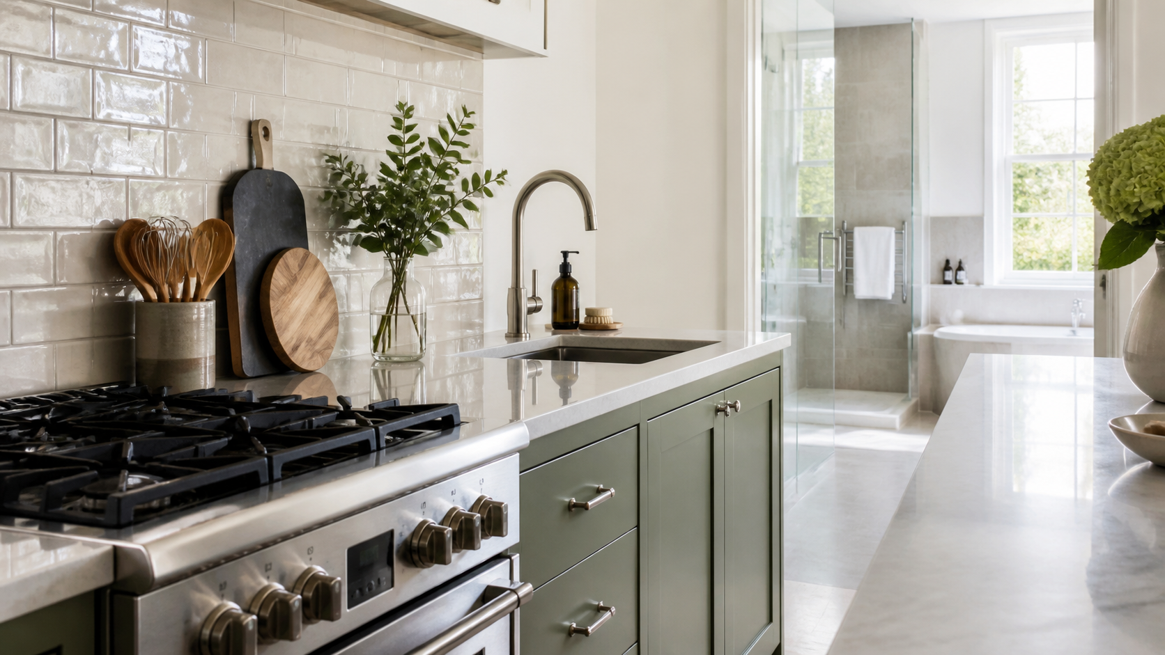 A pristine kitchen and bathroom after detailed deep cleaning